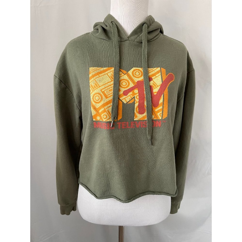 MTV Olive Green Mtv Music Television Long Sleeve Crop Hoodie - Picture 6 of 11